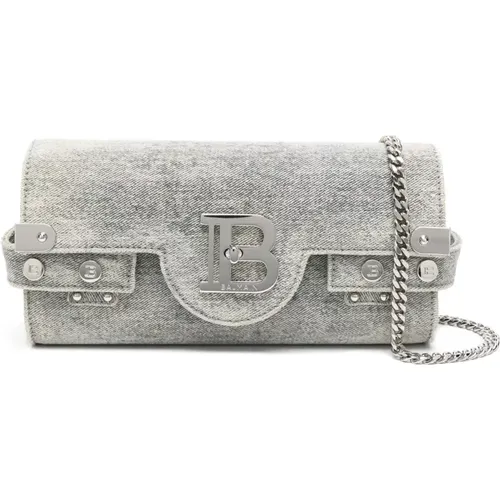 Denim Shoulder Bag in Grey , female, Sizes: ONE SIZE - Balmain - Modalova