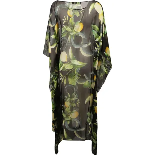 Black Silk Chiffon Graphic Print Dress , female, Sizes: M - Roberto Cavalli - Modalova