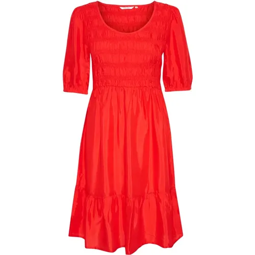 Rotes Kleid mit Puffärmeln und Volants , Damen, Größe: XS - Cream - Modalova