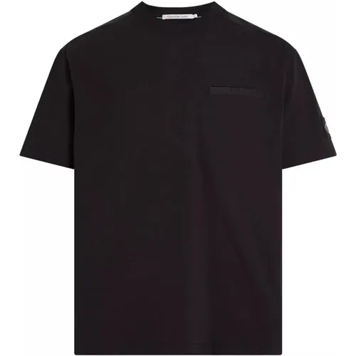 Schwarzes Baumwoll-T-Shirt mit kurzen Ärmeln , Herren, Größe: M - Calvin Klein Jeans - Modalova