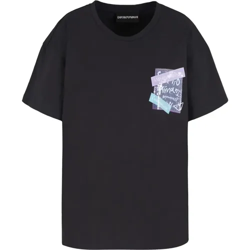 Schwarze T-Shirts und Polos mit Pailletten-Logo-Druck - Emporio Armani - Modalova