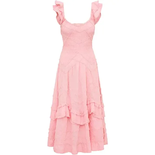 Frühlingsbaumwoll-Midi-Kleid mit Rüschen-Details , Damen, Größe: L - Loveshackfancy - Modalova