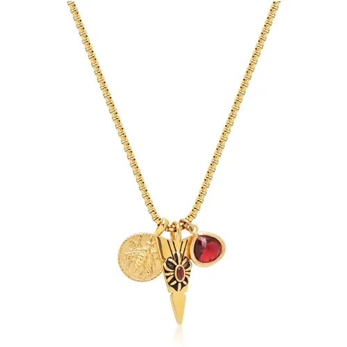 Men`s Golden Talisman Necklace with Arrowhead, Red Ruby CZ Drop and Bee Pendant - Nialaya - Modalova