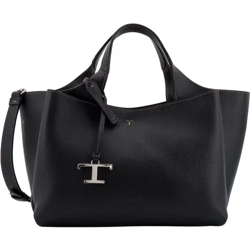 Schwarze Lederhandtasche mit Metallhakenverschluss,Stilvolle Taschenkollektion - TOD'S - Modalova