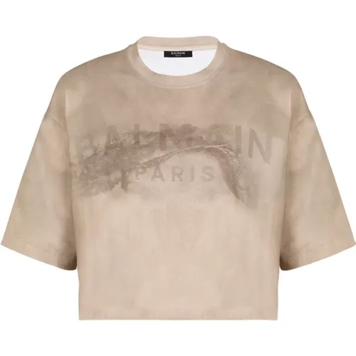 Cropped cotton T-shirt with logo print , female, Sizes: M, S - Balmain - Modalova