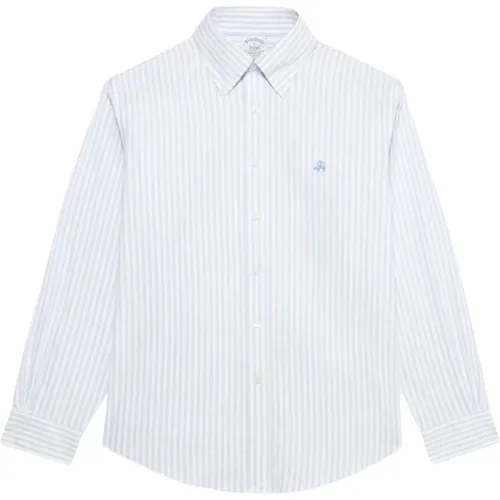 Hellblaues und weißes Regular Fit Non-Iron Stretch Baumwoll-Casual-Hemd mit Button-Down-Kragen , Herren, Größe: 2XL - Brooks Brothers - Modalova