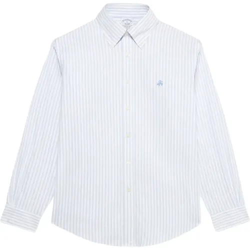 Hellblaues und weißes Regular Fit Non-Iron Stretch Baumwoll-Casual-Hemd mit Button-Down-Kragen , Herren, Größe: L - Brooks Brothers - Modalova