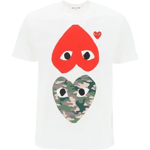 T-Shirt mit doppeltem Herzdruck , Herren, Größe: XL - Comme des Garçons Play - Modalova