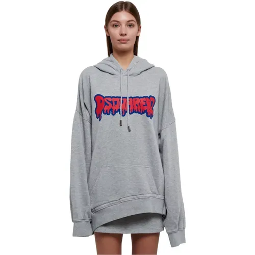 Grey Cotton Logo Print Hooded Sweatshirt , female, Sizes: S - Dsquared2 - Modalova