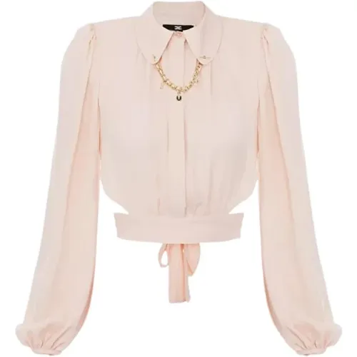 Georgette Cropped Shirt with Statement Collar and Cufflink Accessory , female, Sizes: S - Elisabetta Franchi - Modalova