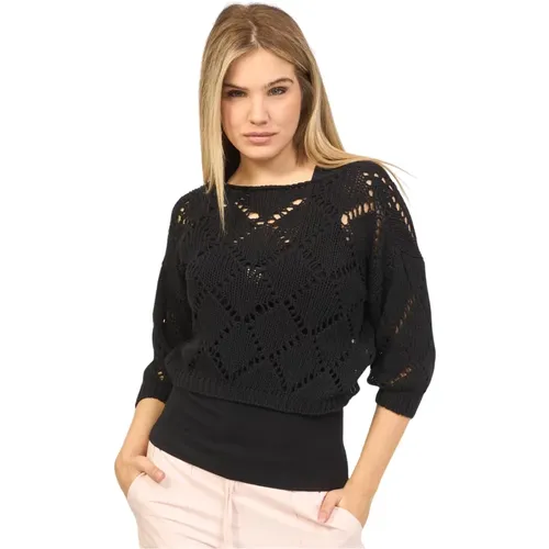Schwarzer Cropped Pullover mit Bootsausschnitt und langen Ärmeln , Damen, Größe: M - Fracomina - Modalova