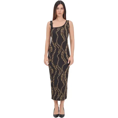 Schwarzes Baumwoll-Midi-Kleid mit Goldkettendruck,Schwarzes Midi-Kleid für Frauen - Versace Jeans Couture - Modalova