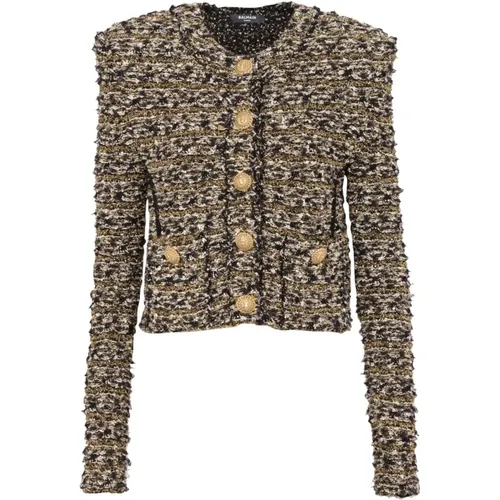 Cropped lurex tweed jacket , female, Sizes: L - Balmain - Modalova