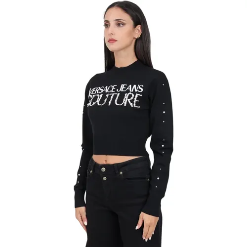 Schwarzer Pullover mit Logo und Perlen , Damen, Größe: M - Versace Jeans Couture - Modalova