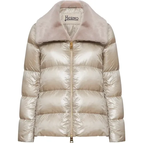 Quilted Nylon Down Bomber Jacket with Faux Fur Collar , female, Sizes: M, XL, 2XL, L - Herno - Modalova