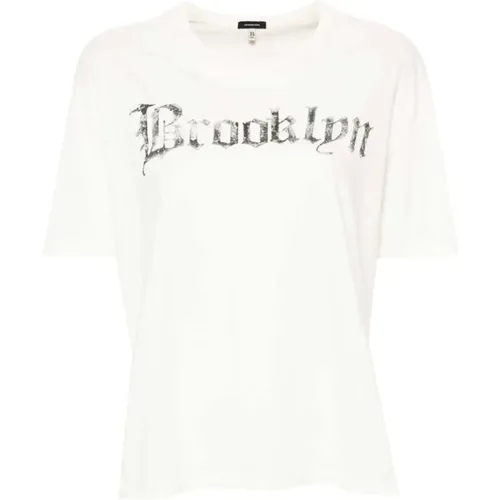 Ivory White Brooklyn Print Baumwoll T-shirt , Damen, Größe: M - R13 - Modalova