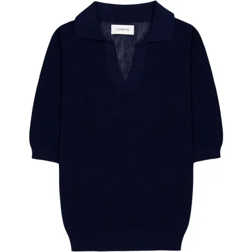 Blau-navy Mesh-Polo mit V-Ausschnitt , Herren, Größe: L - Laneus - Modalova