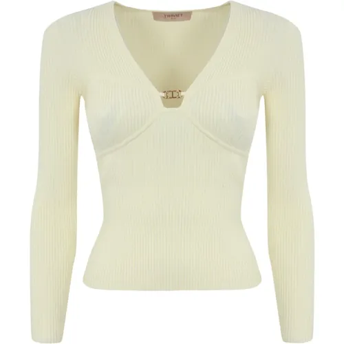 Gerippter Pullover mit ovalem Metall-Detail , Damen, Größe: XS - Twinset - Modalova