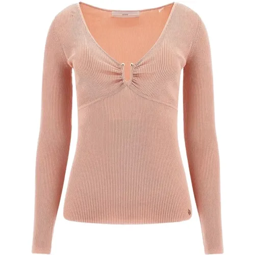 Ribbed V-Neck Top with Metallic Element , female, Sizes: XS, S, L, M, XL - Guess - Modalova