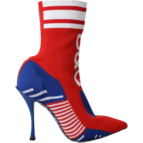 Red Blue Stretch Sock Style Short Boots Logo Shoes , female, Sizes: 4 UK - Dolce & Gabbana - Modalova