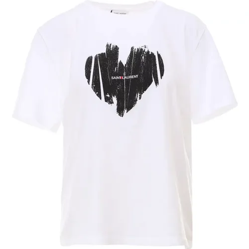 Logo Print Baumwoll T-Shirt , Damen, Größe: S - Saint Laurent - Modalova