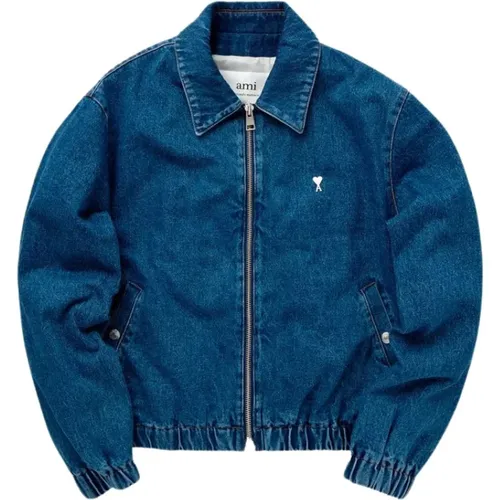 Blaue Baumwoll-Zip-Jacke mit Metallherz , Herren, Größe: L - Ami Paris - Modalova
