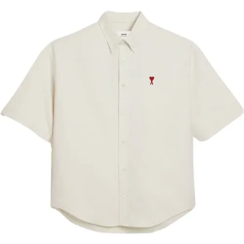 Ivory Boxy Shirt mit roter Stickerei , Herren, Größe: L - Ami Paris - Modalova