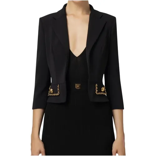 Schwarze Cropped Jacke mit Ketten-Detail , Damen, Größe: S - Elisabetta Franchi - Modalova