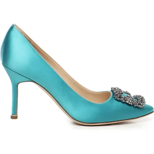 Turquoise Crystal Buckle Satin Pumps , female, Sizes: 4 UK, 6 UK, 8 UK, 7 UK, 5 UK - Manolo Blahnik - Modalova