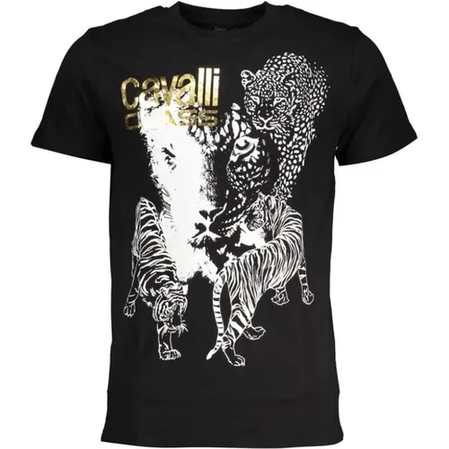 Schwarzes Baumwoll-T-Shirt mit Drucklogo , Herren, Größe: 2XL - Cavalli Class - Modalova