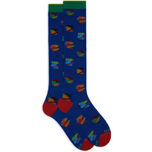 Damen lange blaue Baumwollsocken mit buntem Hahn Motiv , Damen, Größe: S - Gallo - Modalova