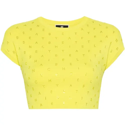 Gelbes Cropped Top mit Strass-Schriftzug , Damen, Größe: XL - Elisabetta Franchi - Modalova