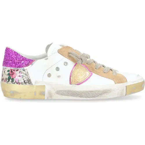 Paris X White Leather Sneaker with Beige Suede and Fuchsia Glitter , female, Sizes: 5 UK - Philippe Model - Modalova