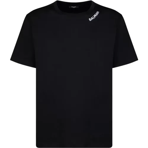 Schwarzes T-Shirt mit besticktem Logo und kontrastierendem Kragen , Herren, Größe: M - Balmain - Modalova