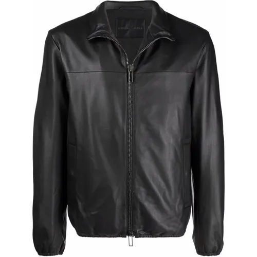 Schwarze Leder-Zip-Jacke , Herren, Größe: XL - Emporio Armani - Modalova