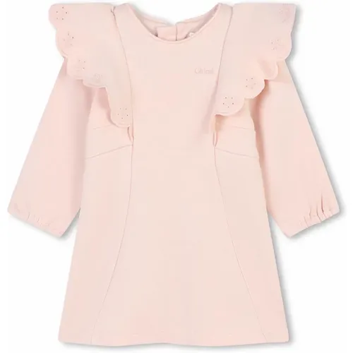 Rosa Rüschen Kleid Baumwollfleece,Blumig Besticktes Rosa Kleid - Chloé - Modalova