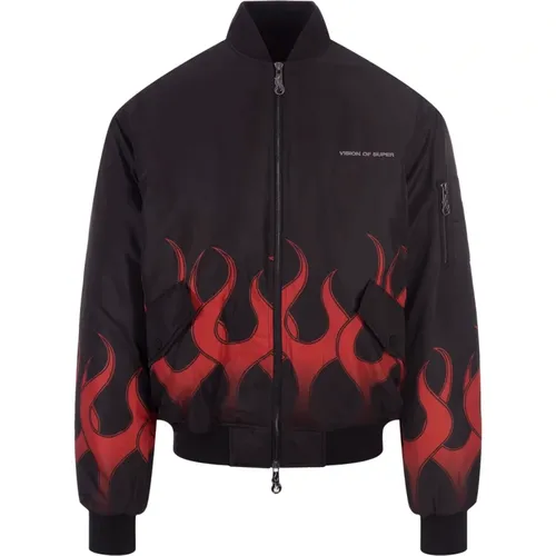 Schwarze gepolsterte Bomberjacke mit Flammenmuster , Herren, Größe: L - VISION OF SUPER - Modalova