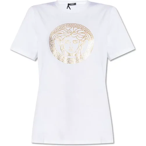 T-Shirt mit Logo , Damen, Größe: 2XS - Versace - Modalova