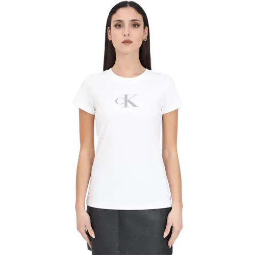 Weißes T-Shirt mit Paillettenprint , Damen, Größe: S - Calvin Klein Jeans - Modalova