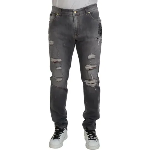 Graue Bestickte Zerrissene Denim Jeans , Herren, Größe: XL - Dolce & Gabbana - Modalova