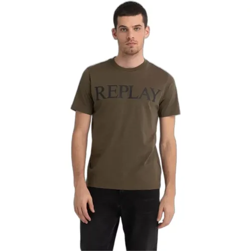 Grünes Print Rundhals T-Shirt , Herren, Größe: M - Replay - Modalova