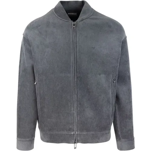 Grey Bomber Jacket Multistripe Velvet , male, Sizes: L, M - Emporio Armani - Modalova