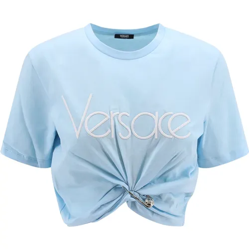 Ribbed T-Shirt with Iconic Brooch , female, Sizes: 2XS, S - Versace - Modalova