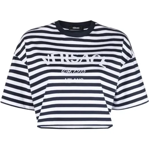 Maritime Streifen Logo Cropped T-Shirt , Damen, Größe: 2XS - Versace - Modalova