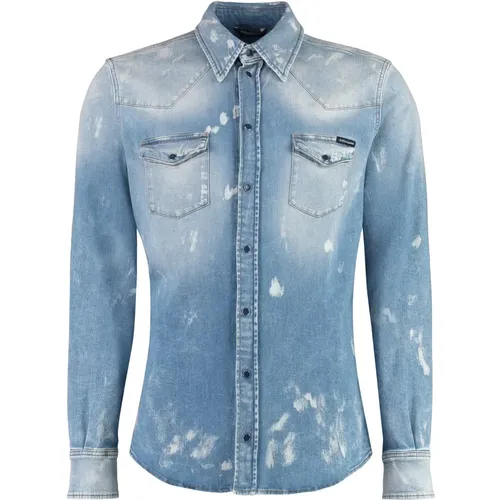 Denim Shirt with Paint Splatters Print , male, Sizes: L, M - Dolce & Gabbana - Modalova