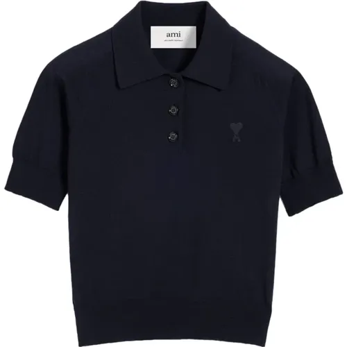 Nachtblaues Woll-Polo-Shirt , Damen, Größe: XS - Ami Paris - Modalova