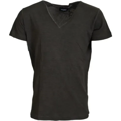 Graues V-Ausschnitt Baumwoll Leinen T-Shirt - Dsquared2 - Modalova