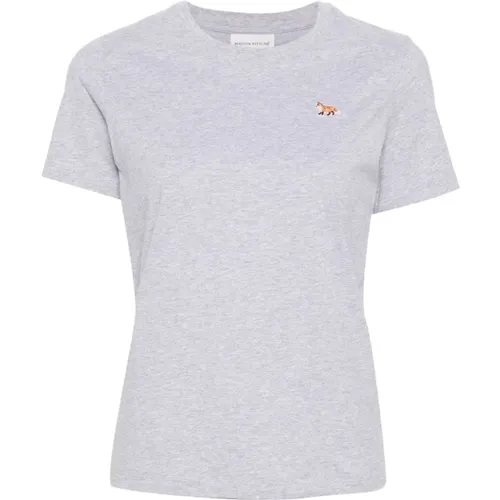 Graue T-Shirts und Polos mit Fox Patch , Damen, Größe: S - Maison Kitsuné - Modalova