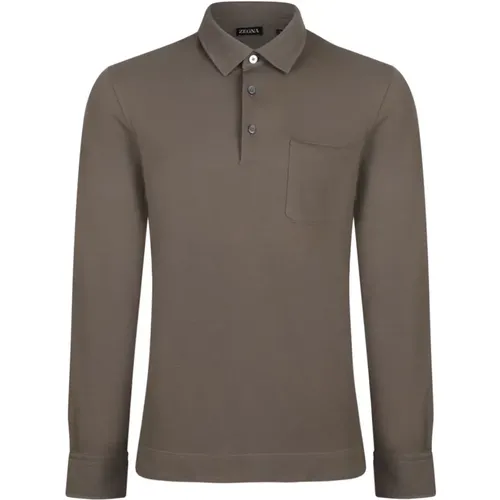 Khaki Baumwoll Polo Shirt mit Tasche , Herren, Größe: L - Ermenegildo Zegna - Modalova