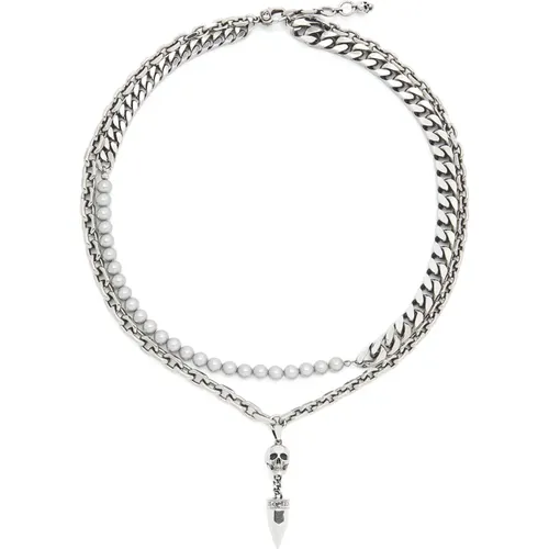 Silver Skull Necklace with Pearls , male, Sizes: ONE SIZE - alexander mcqueen - Modalova